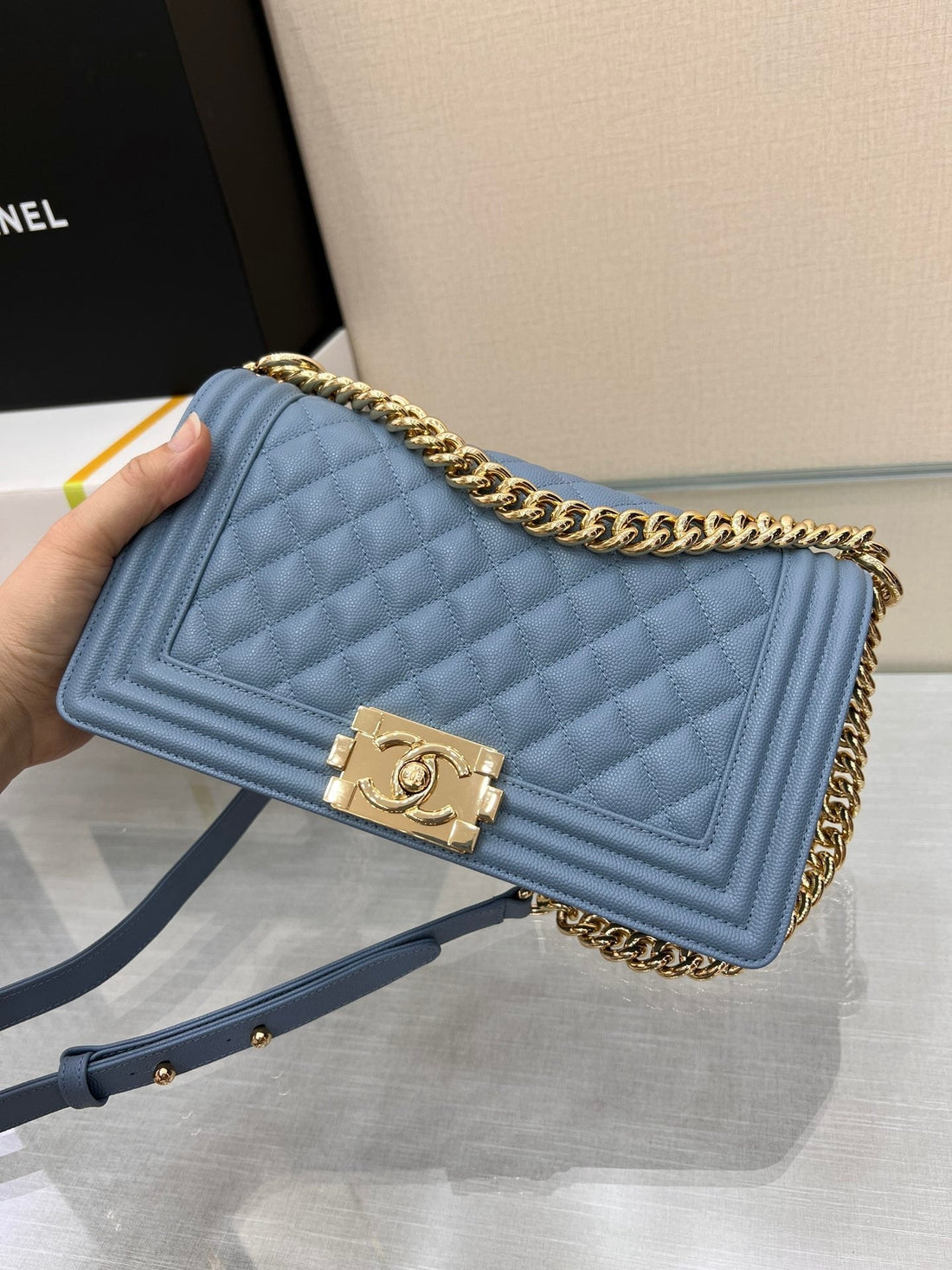 CHANEL BOY BAG MEDIUM 25 CLOUD BLUE CAVIAR GOLD HARDWARE