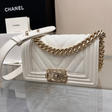CHANEL BOY BAG SMALL 20 WHITE CHEVRON CAVIAR GOLD HARDWARE