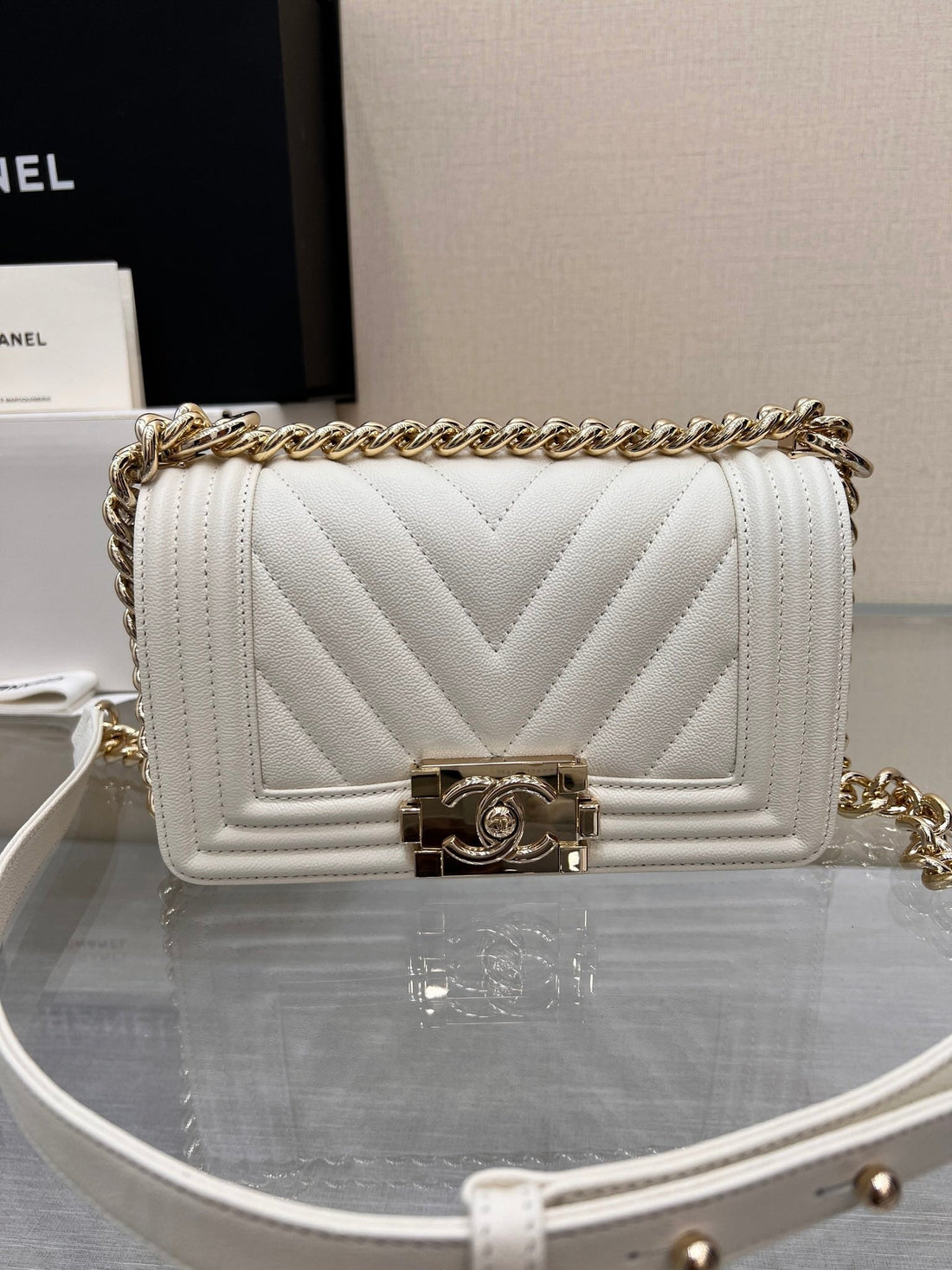 CHANEL BOY BAG SMALL 20 WHITE CHEVRON CAVIAR GOLD HARDWARE