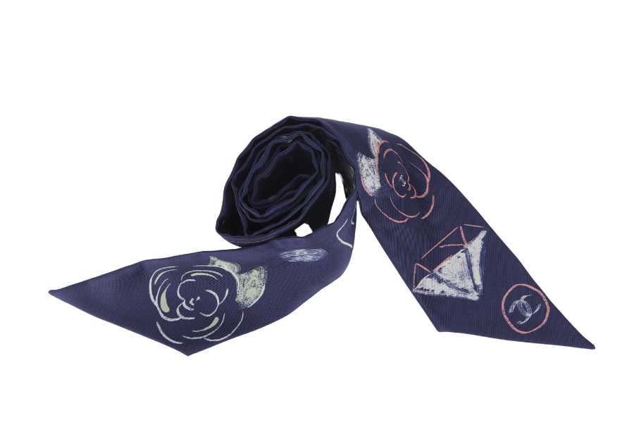 CHANEL TWILLY SCARF CAMELLIA REVIRSIBLE BLUE SILK WITH BOX