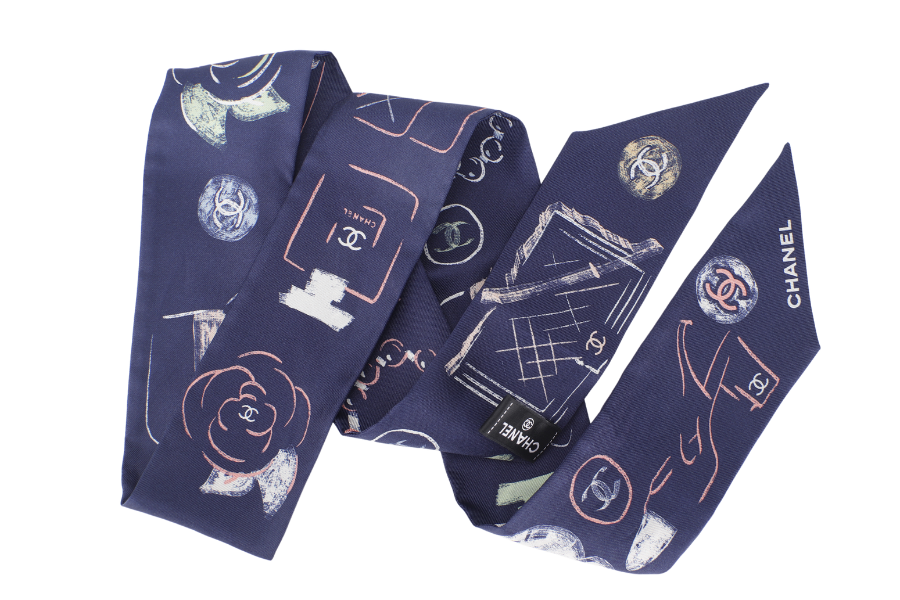 CHANEL TWILLY SCARF CAMELLIA REVIRSIBLE BLUE SILK WITH BOX