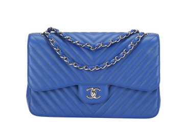 CHANEL CLASSIC DOUBLE FLAP (2247xxxx) JUMBO BLUE CHEVRON CAVIAR LEATHER SILVER HARDWARE, WITH DUST COVER