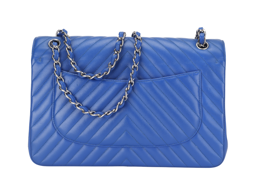 CHANEL CLASSIC DOUBLE FLAP (2247xxxx) JUMBO BLUE CHEVRON CAVIAR LEATHER SILVER HARDWARE, WITH DUST COVER