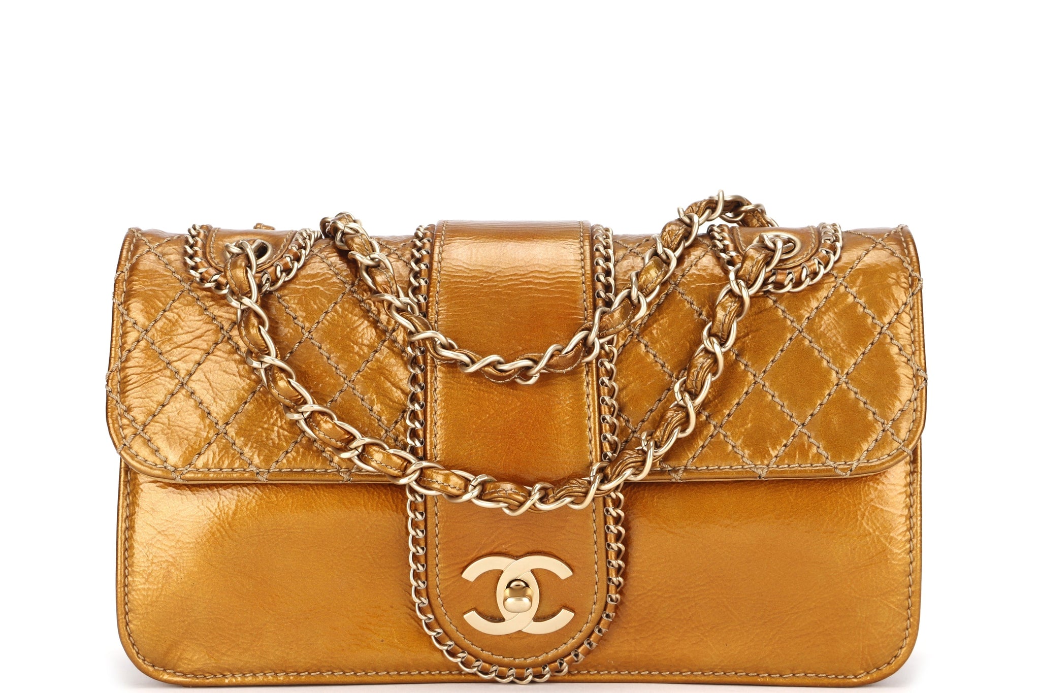 CHANEL MADISON FLAP BAG (1144xxxx) MEDIUM GOLD QUILTED PATENT LEATHER GOLD HARDWARE, NO  & DUST COVER
