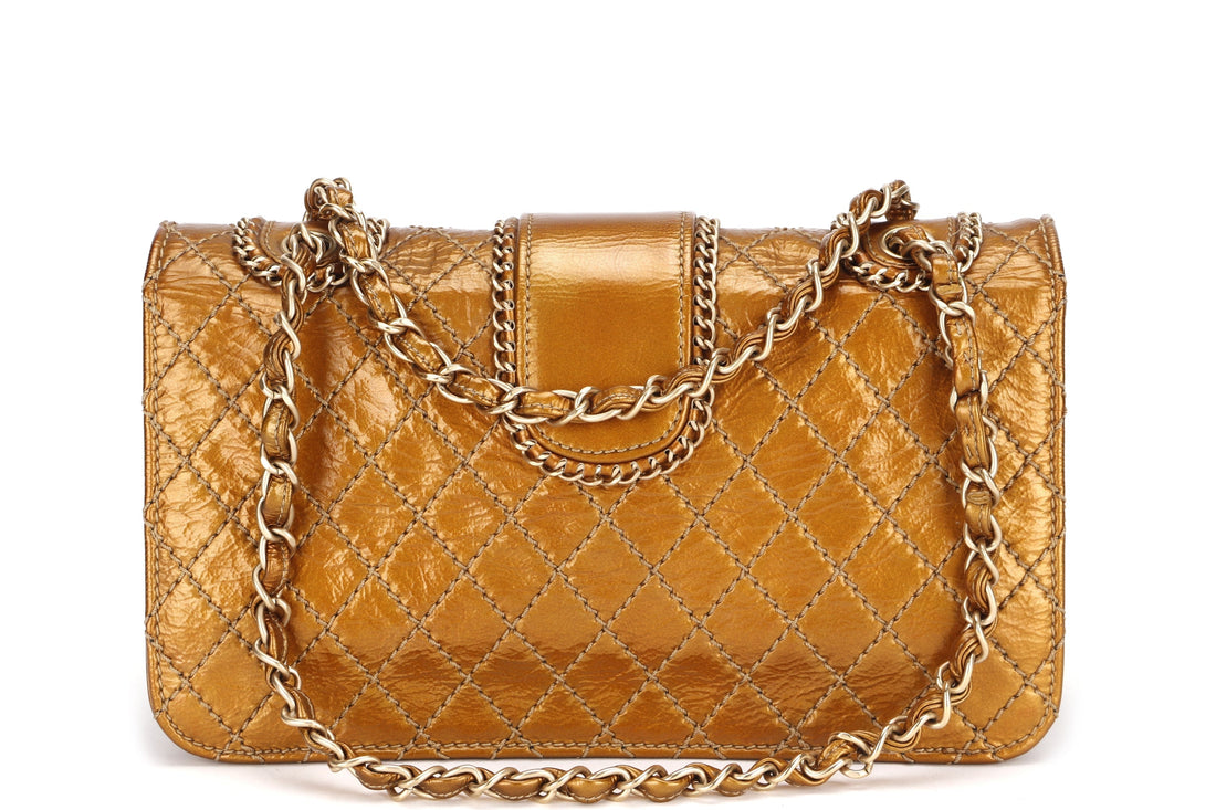 CHANEL MADISON FLAP BAG (1144xxxx) MEDIUM GOLD QUILTED PATENT LEATHER GOLD HARDWARE, NO  & DUST COVER