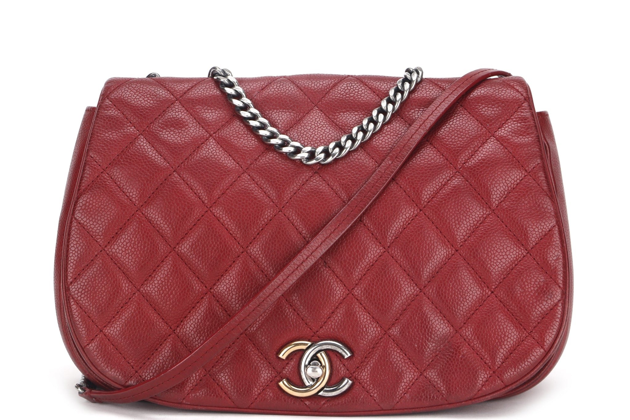 CHANEL POCKET FLAP MESSENGER BAG 26CM (2322xxxx) RED CAVIAR LEATHER GOLD & SILVER HARDWARE, WITH , NO DUST COVER