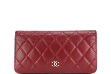 CHANEL BIFOLD WALLET (1679xxxx) RED LAMBSKIN SILVER HARDWARE, WITH  & BOX