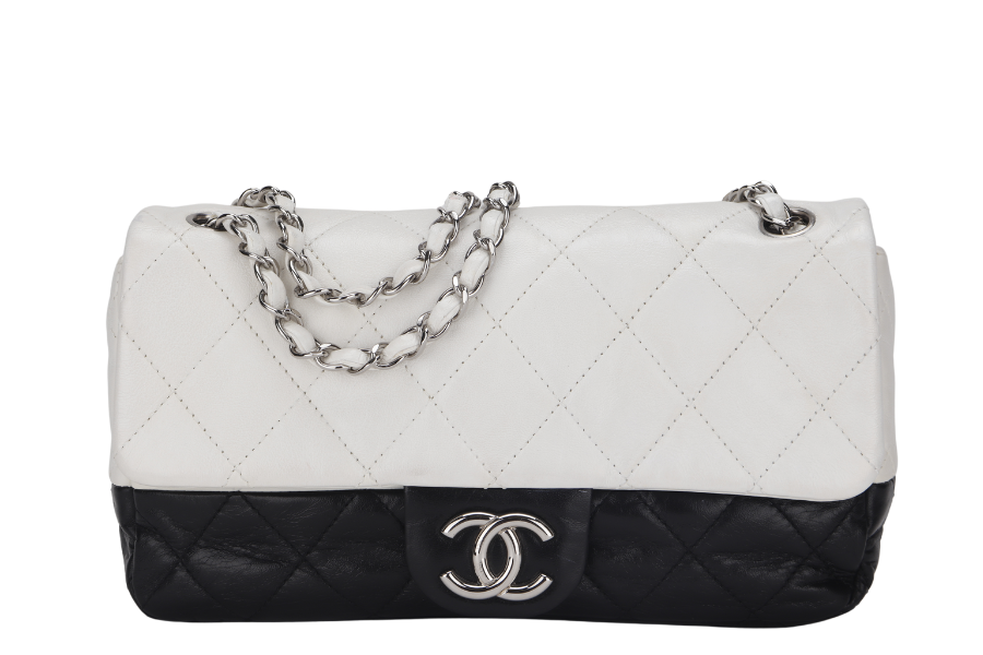 CHANEL CLASSIC FLAP BICOLOR (1267xxxx) MEDIUM BLACK & WHITE LAMBSKIN SILVER HARDWARE, NO  & DUST COVER