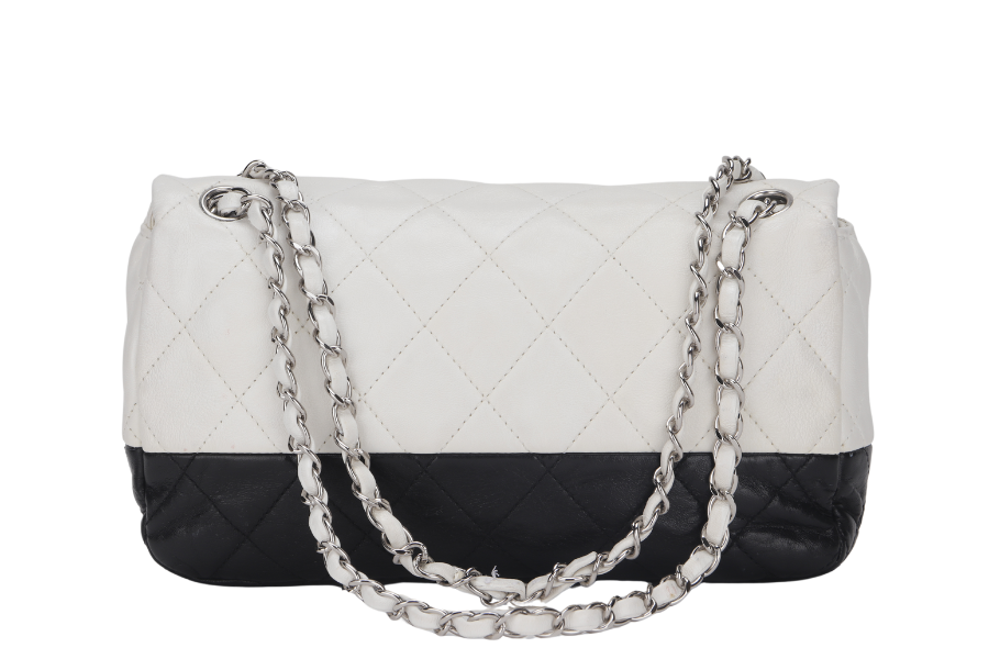CHANEL CLASSIC FLAP BICOLOR (1267xxxx) MEDIUM BLACK & WHITE LAMBSKIN SILVER HARDWARE, NO  & DUST COVER