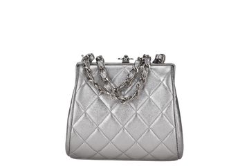 CHANEL VINTAGE TIMELESS FRAME BAG MINI QUILTED SILVER METALLIC LAMBSKIN SILVER HARDWARE (458xxxx)