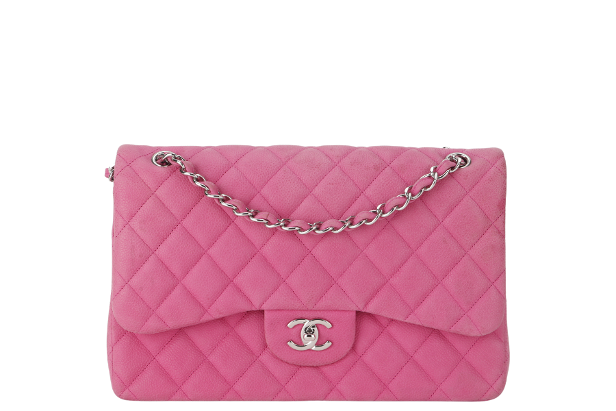 CHANEL CLASSIC DOUBLE FLAP BAG JUMBO FUSCHIA SUEDE CAVIAR SILVER HARDWARE (1803xxxx) NO DUST COVER
