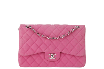 CHANEL CLASSIC DOUBLE FLAP BAG JUMBO FUSCHIA SUEDE CAVIAR SILVER HARDWARE (1803xxxx) NO DUST COVER