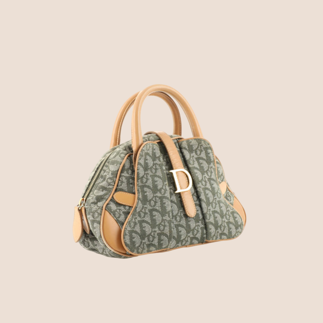 CHRISTIAN DIOR GREEN DIORISSIMO CANVAS SADDLE MINI BOWLER BAG