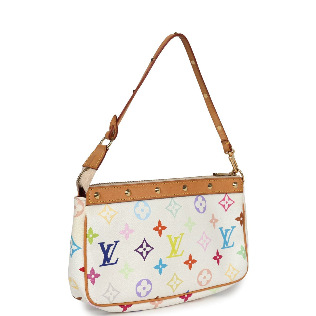 Vintage Louis Vuitton White Multicolor Monogram Pochette Accessories Gold Hardware