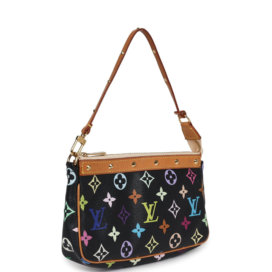 Vintage Louis Vuitton Black Multicolor Monogram Pochette Accessories Gold Hardware