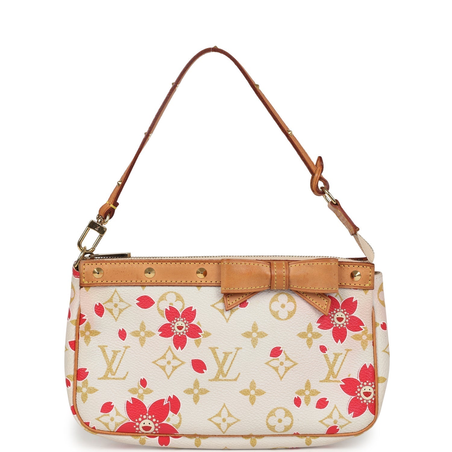 Vintage Louis Vuitton x Takashi Murakami Red and Creme Monogram Cherry Blossom Pochette Gold Hardware