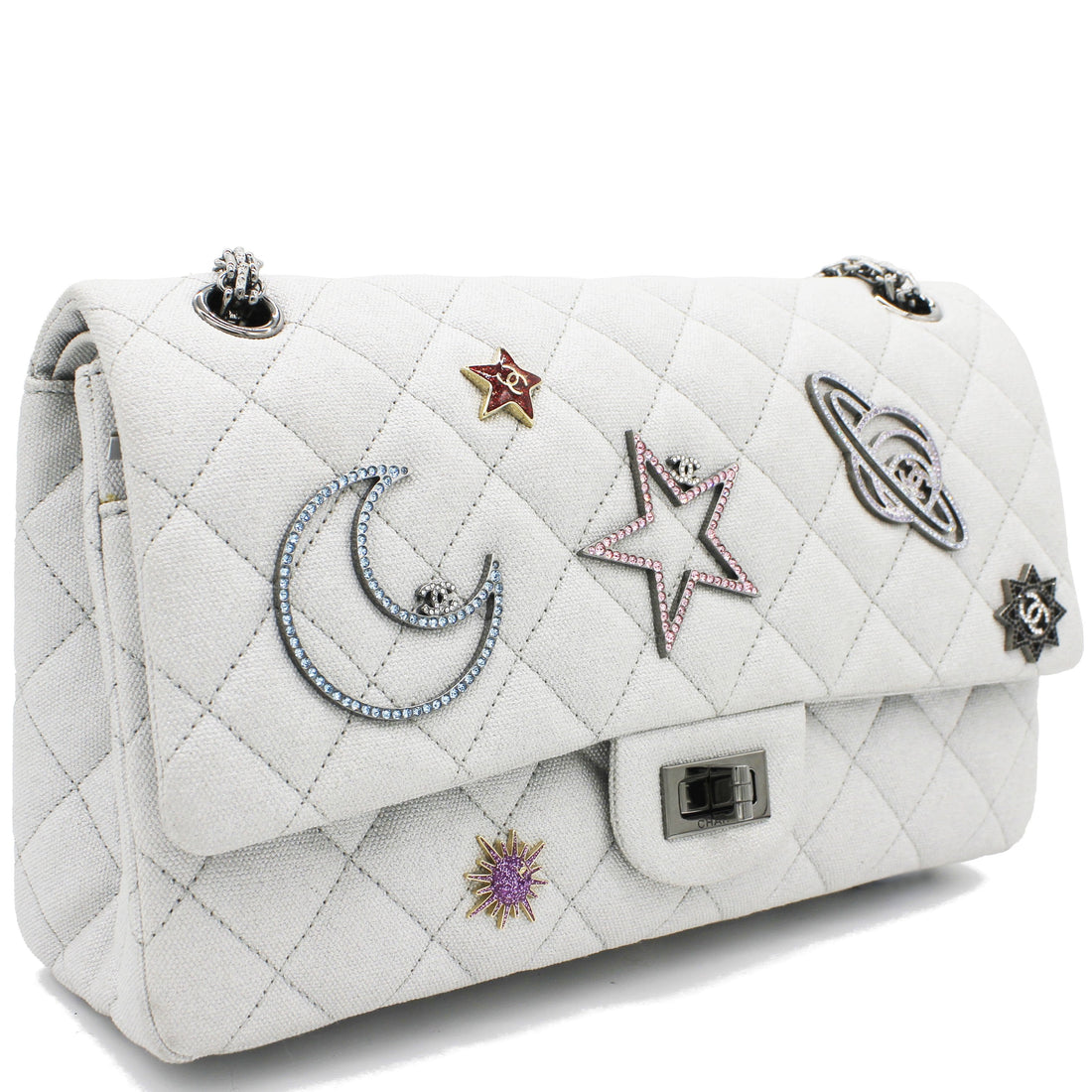 Chanel Silver 2.55 Canvas Reissue Space Charms 227 Flap Bag