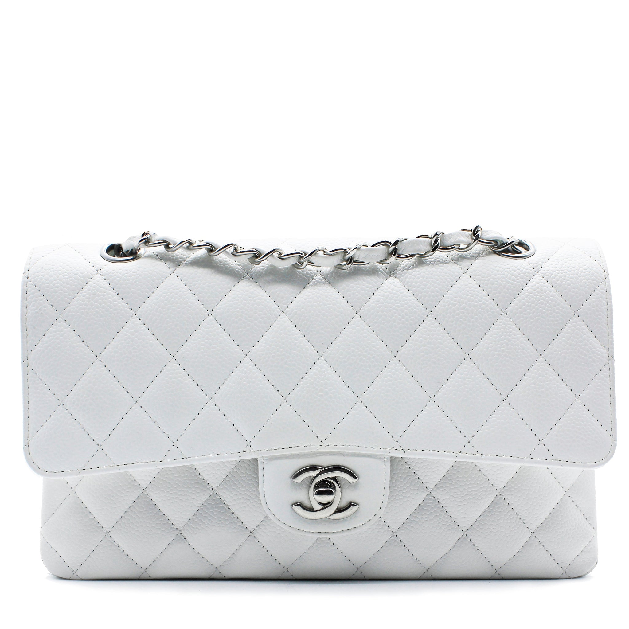 Chanel White Quilted Caviar Leather Classic Double Flap Bag