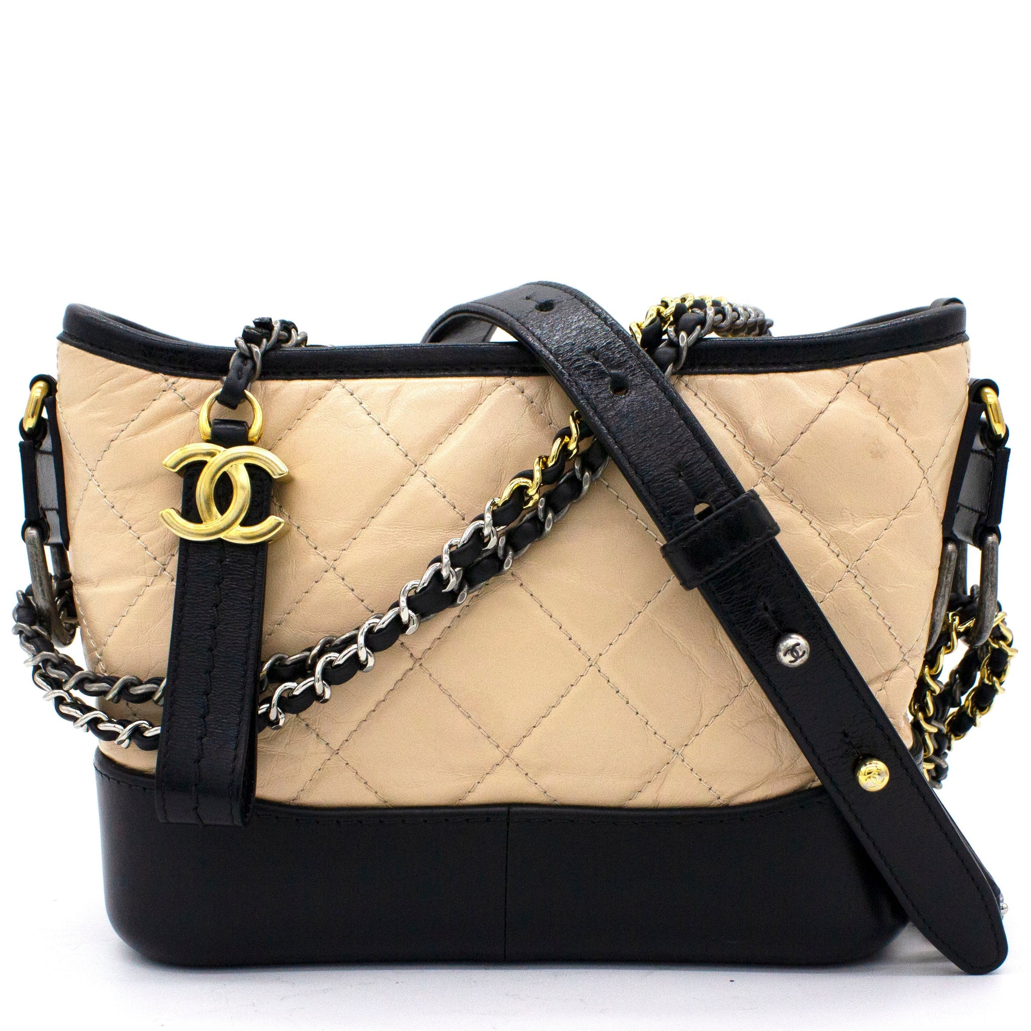 Chanel Calfskin Quilted Small Gabrielle Hobo Black Beige