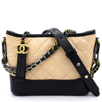 Chanel Calfskin Quilted Small Gabrielle Hobo Black Beige
