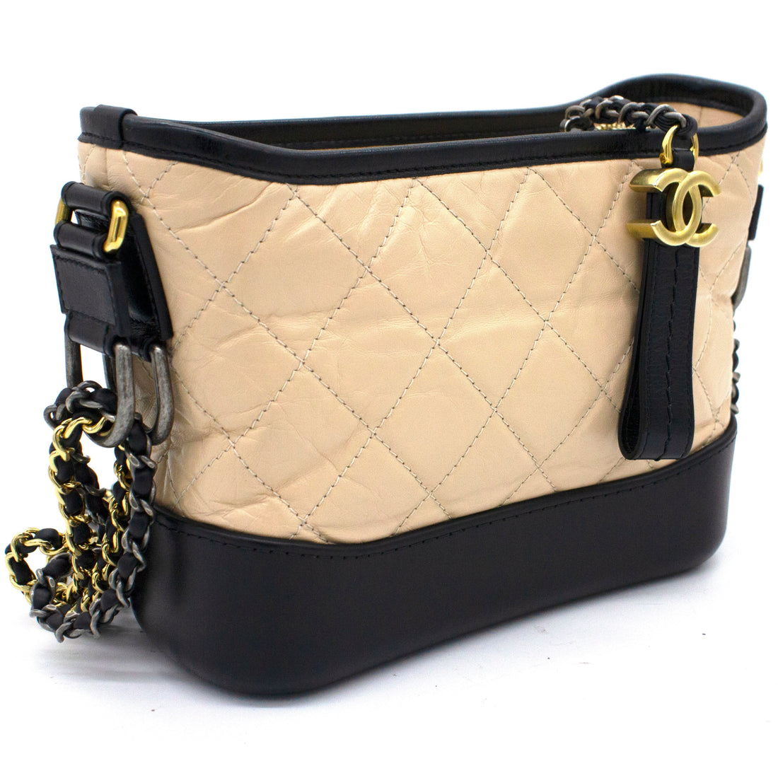 Chanel Calfskin Quilted Small Gabrielle Hobo Black Beige