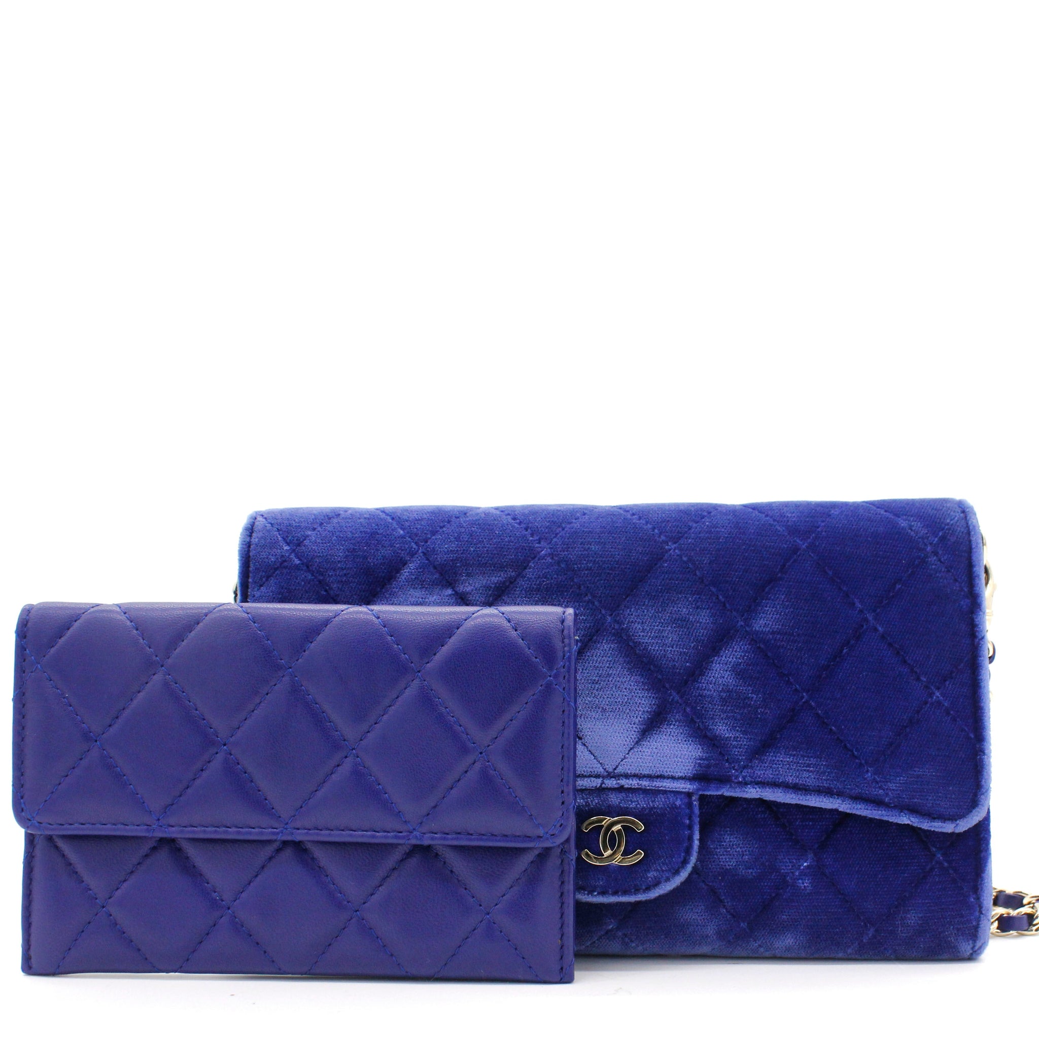 Chanel Velvet Quilted Wallet on Removable Chain Navy