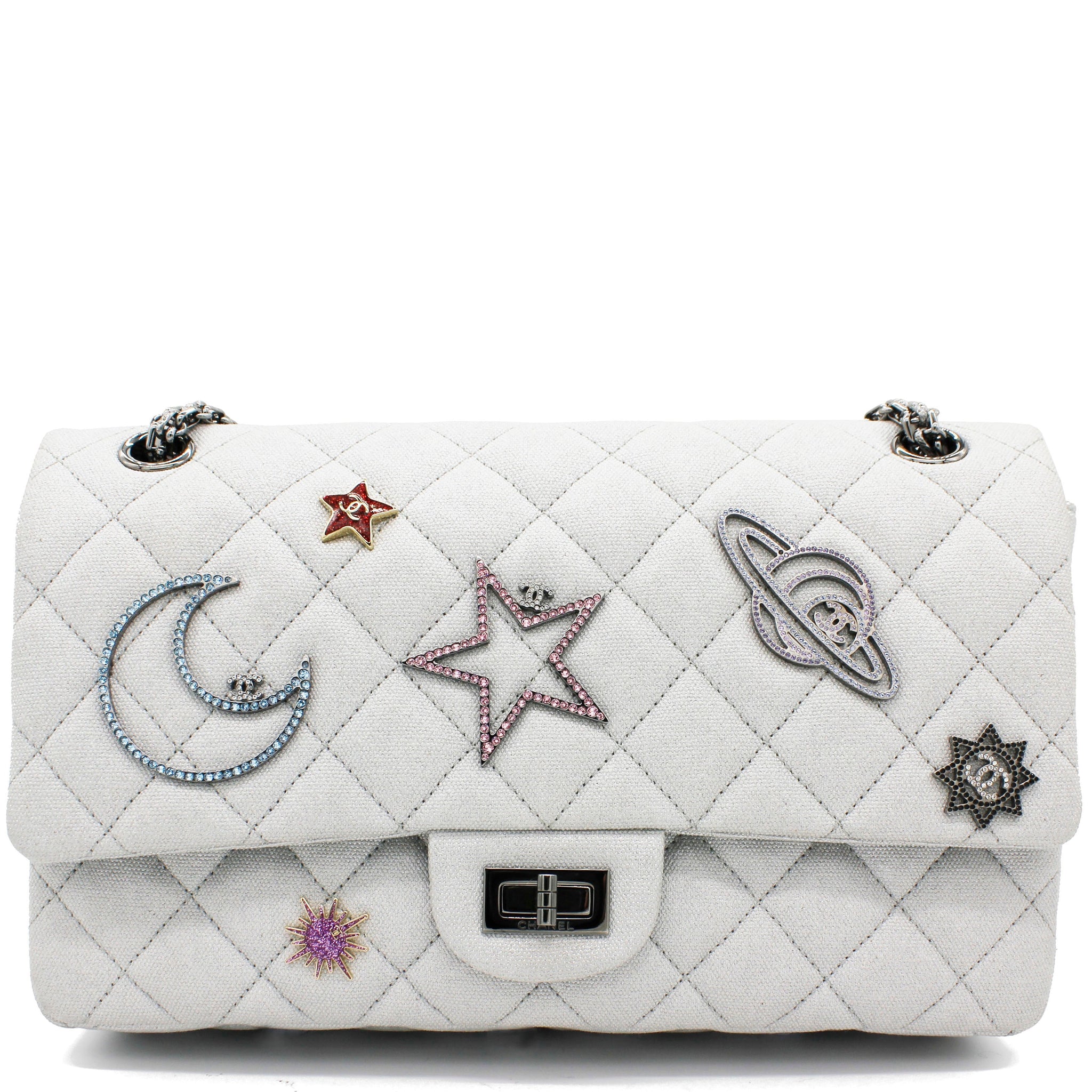 Chanel Silver 2.55 Canvas Reissue Space Charms 227 Flap Bag