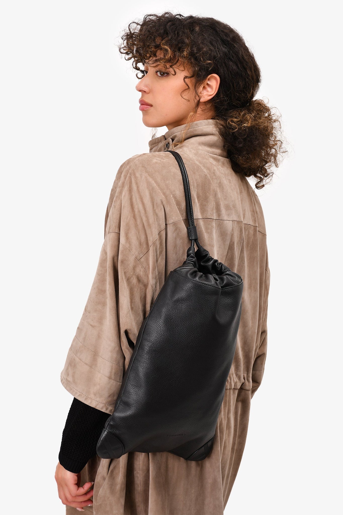 Burberry Black Pebbled Leather Drawstring Bag with Pouch