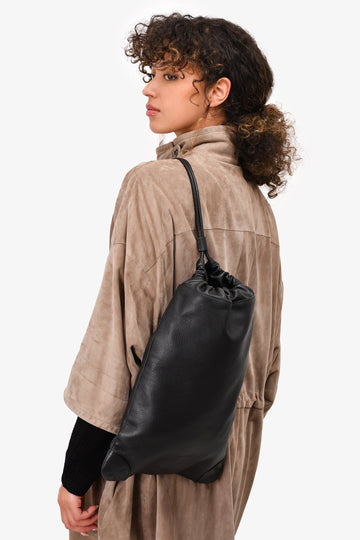 Burberry Black Pebbled Leather Drawstring Bag with Pouch