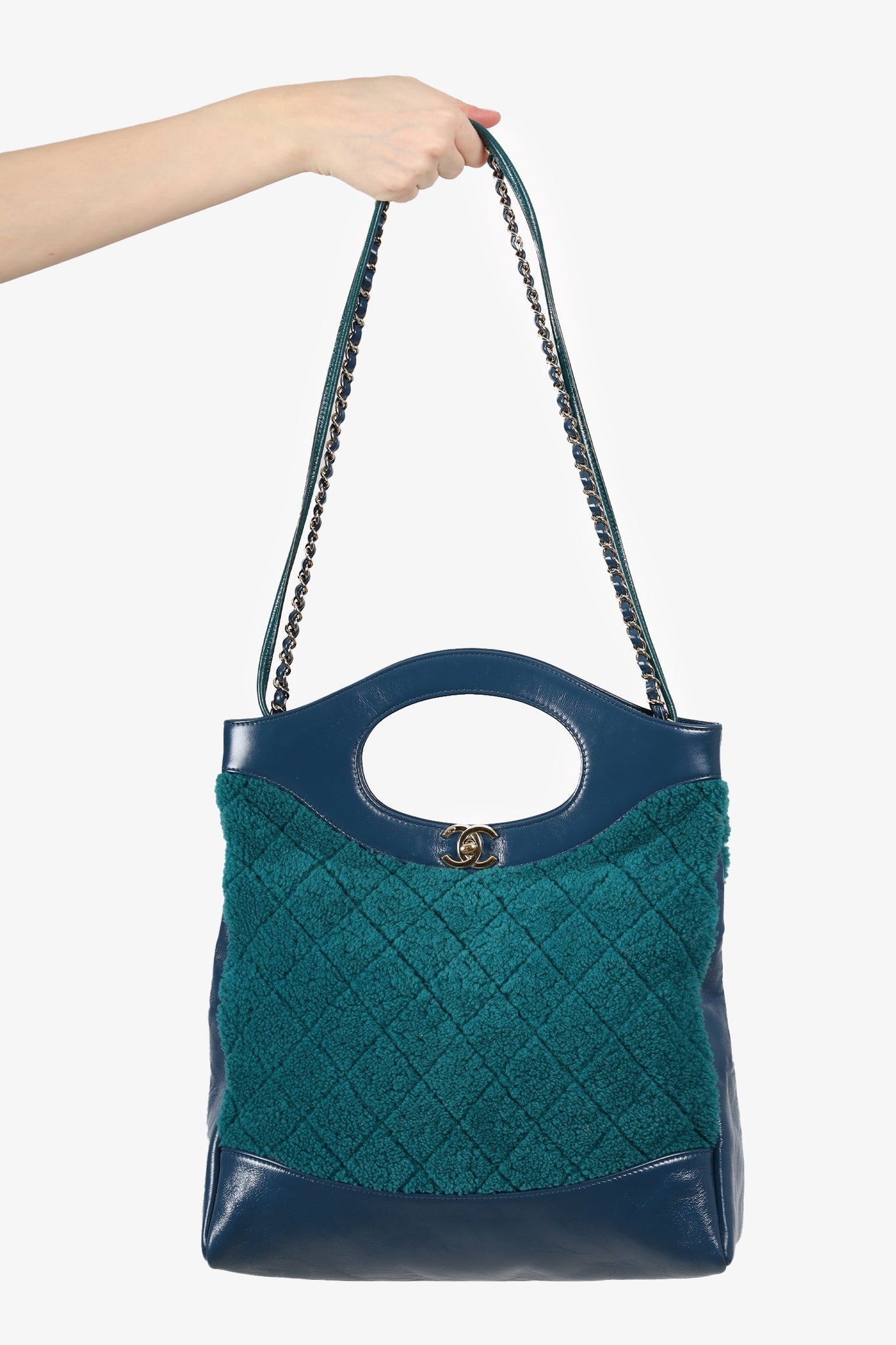 Pre-Loved Chanel™ 2019 Blue/Green Quilted Shearling/Leather 31 Shopping Bag
