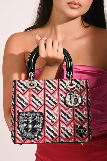 Christian Dior 2015 Black Patent Leather Sequin Lady Dior with Strap