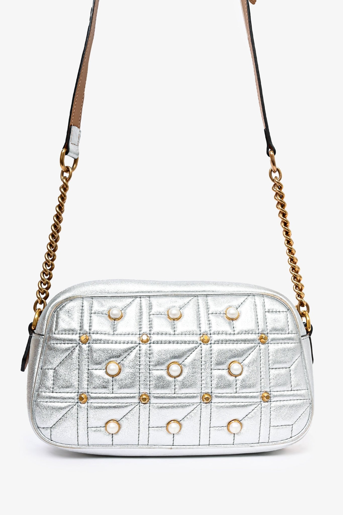 Gucci Silver Leather Pearl Studded Marmont Crossbody Bag