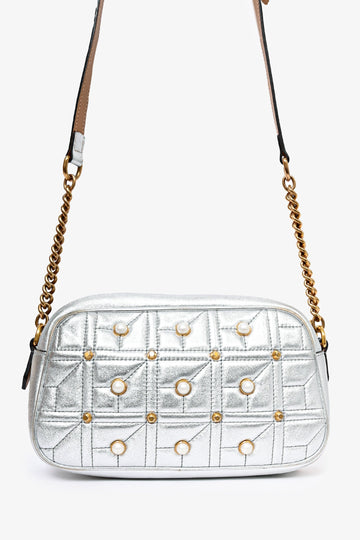 Gucci Silver Leather Pearl Studded Marmont Crossbody Bag