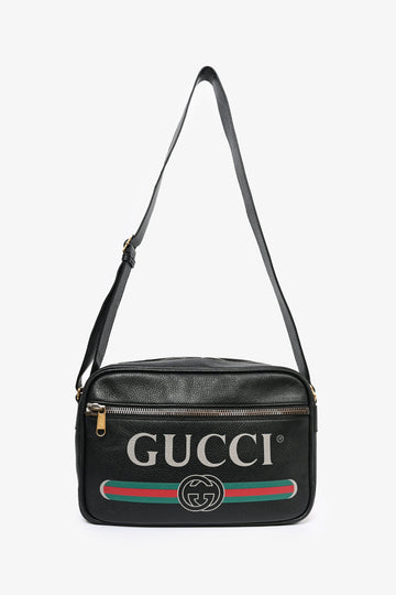 Gucci Black Leather Logo Messenger Bag