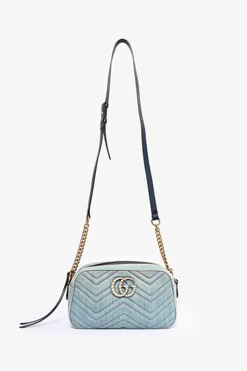 Gucci Blue Denim Pearly GG Small Marmont Camera Bag