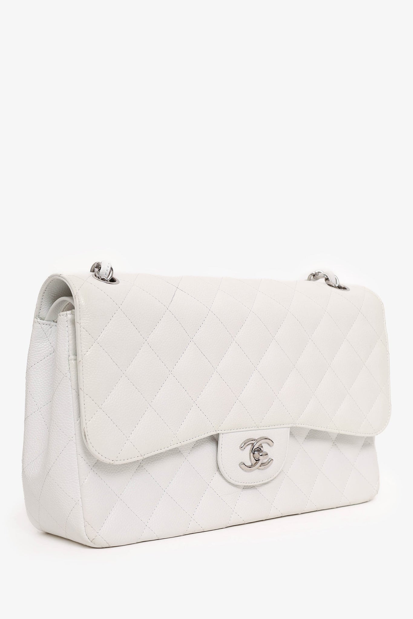 Pre-Loved Chanel™ 2011 White Caviar Leather Jumbo Classic Flap Shoulder Bag