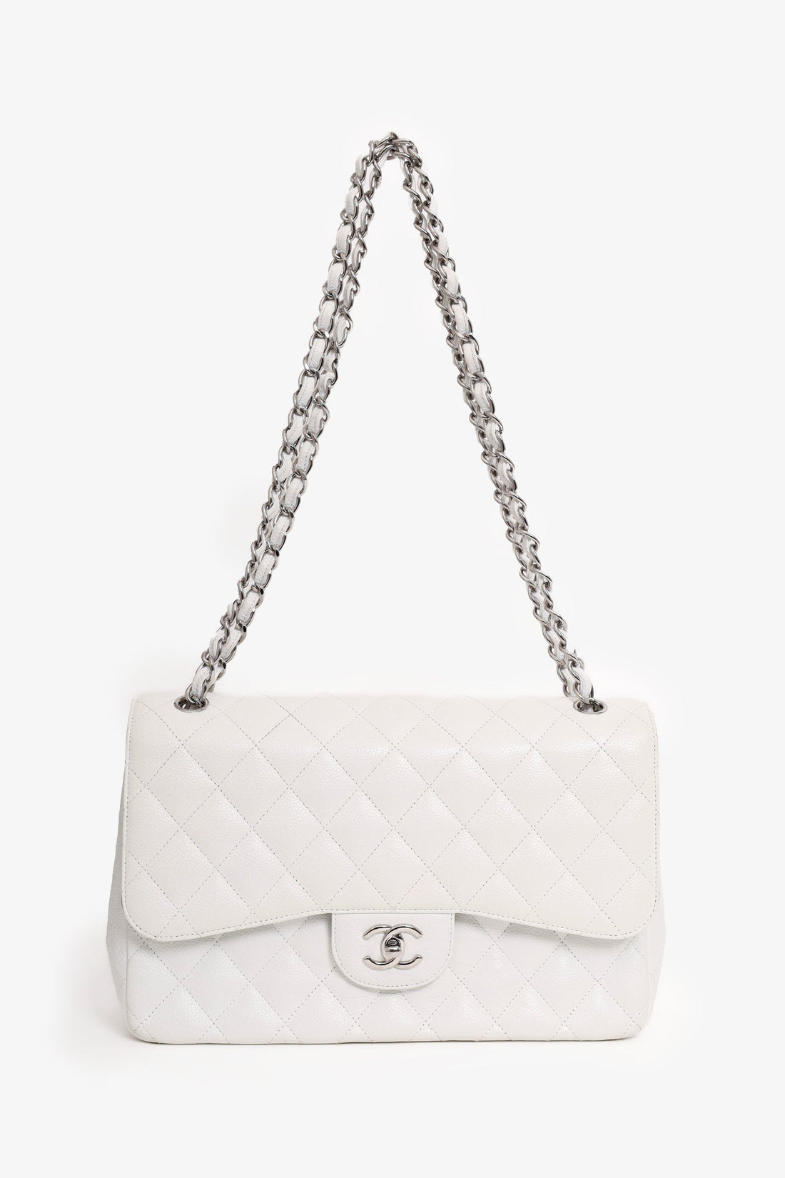 Pre-Loved Chanel™ 2011 White Caviar Leather Jumbo Classic Flap Shoulder Bag