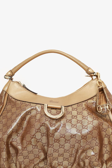 Gucci Brown GG Crystal Abbey D-Ring Shoulder Bag with Charm
