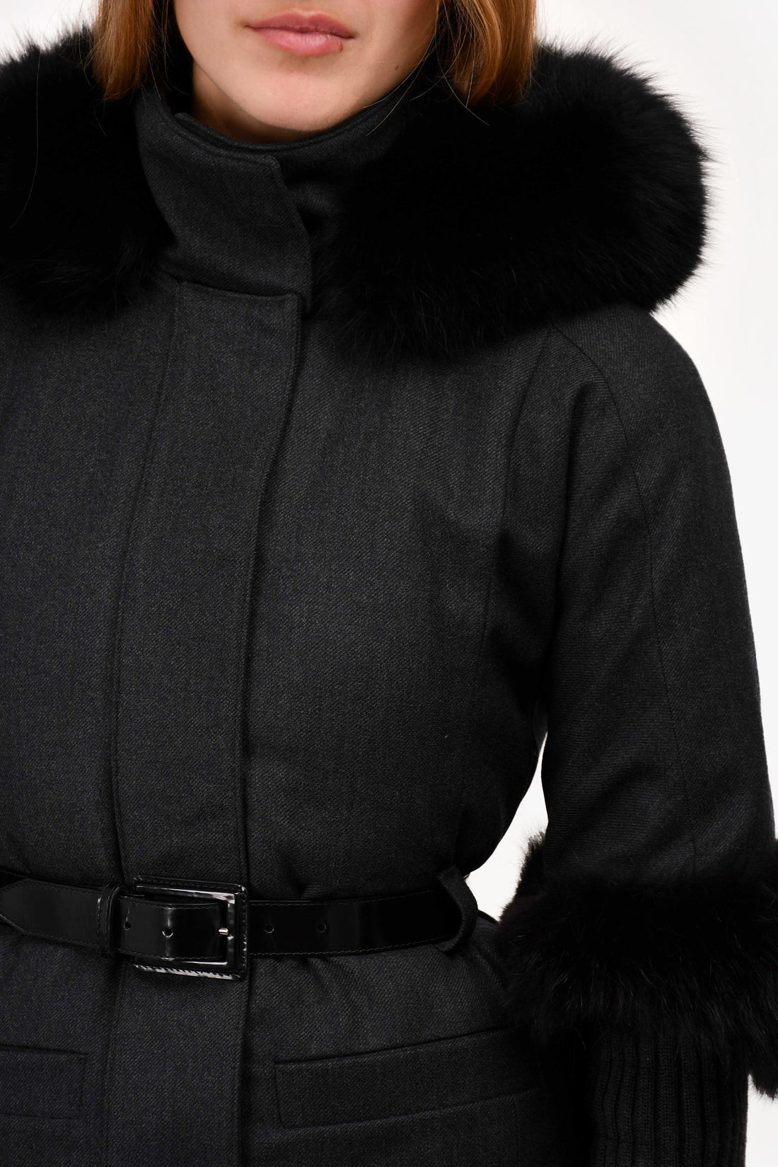 Christian Dior Grey Wool Fox Fur Trimmed Belted Jacket Size 2