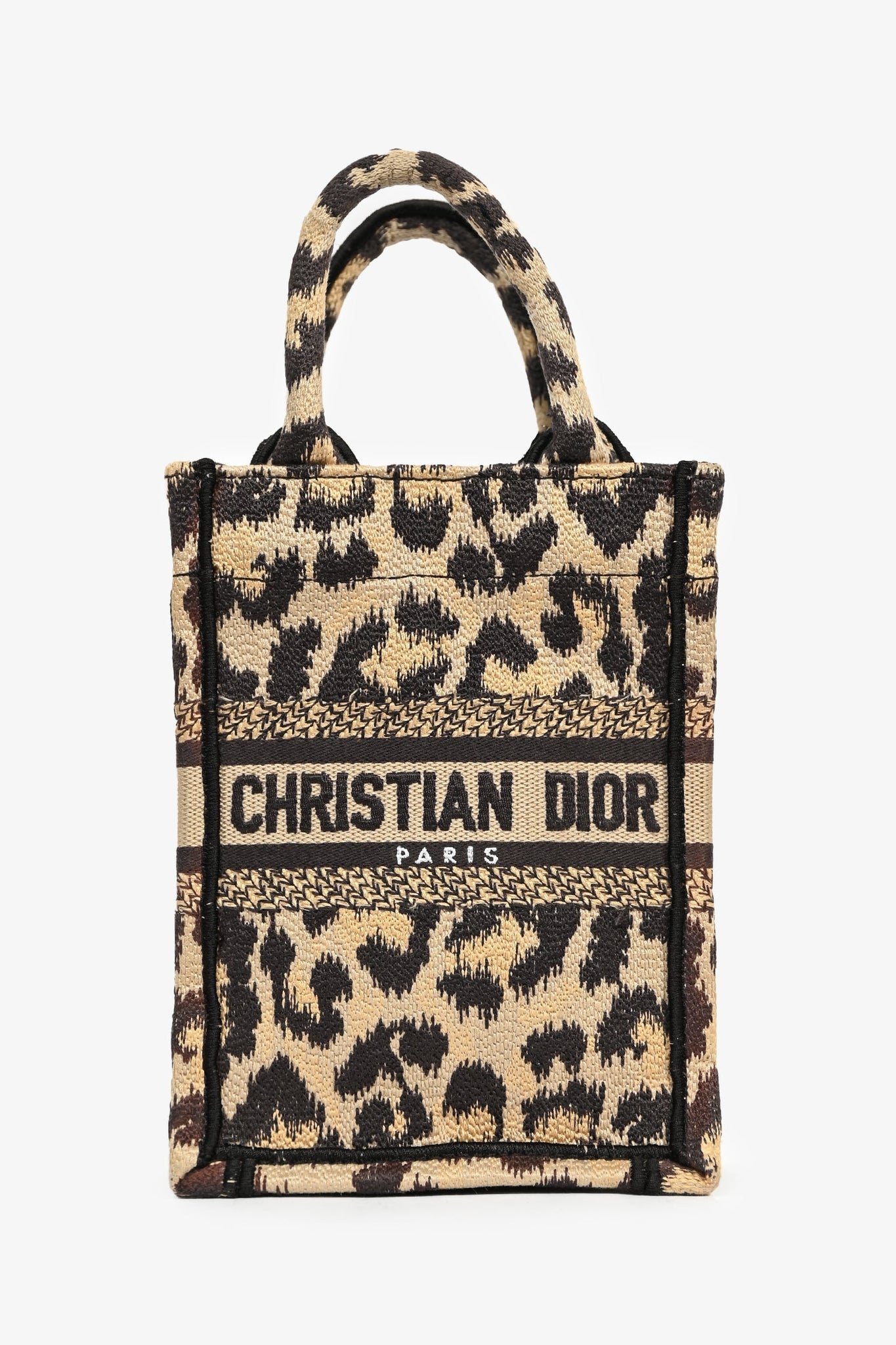 Christian Dior Beige Leopard Canvas Mini Book Tote Phone Bag