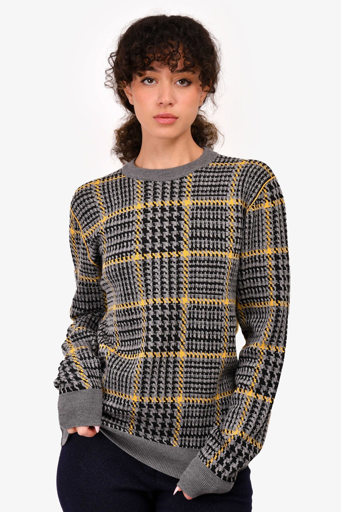 Christian Dior Grey/Yellow Wool Houndstooth Patterned Sweater Size S