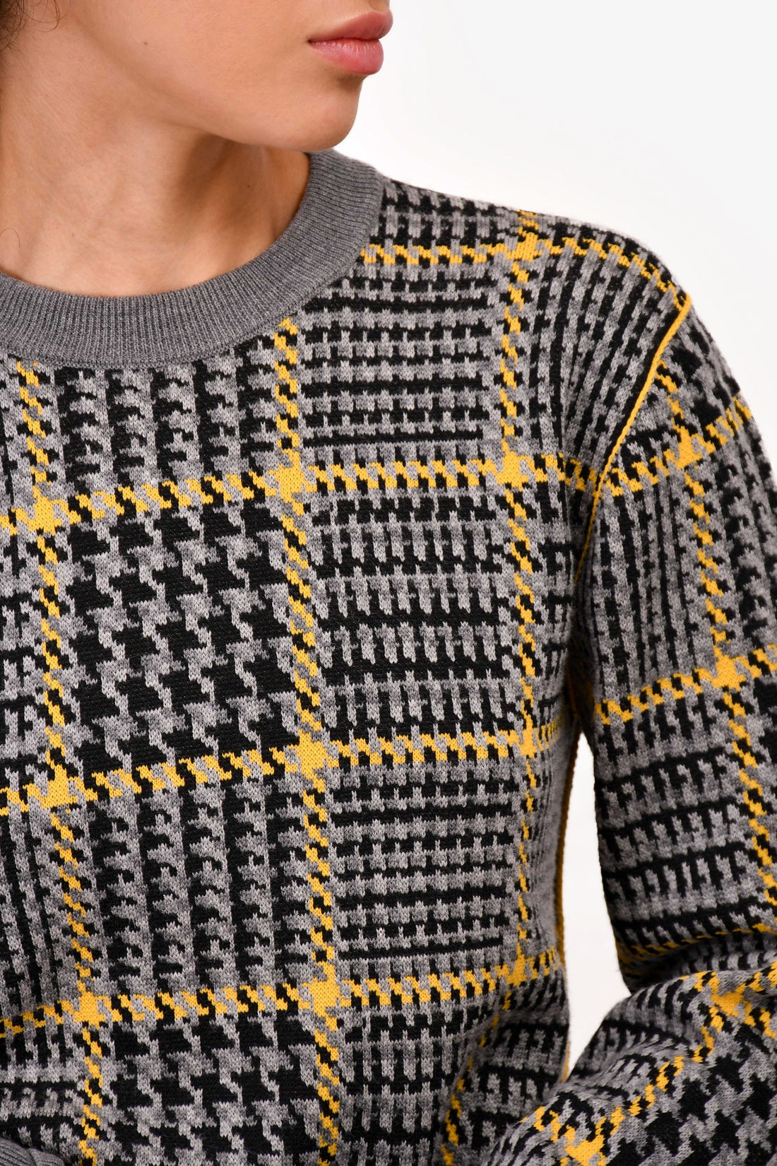 Christian Dior Grey/Yellow Wool Houndstooth Patterned Sweater Size S