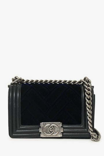 Pre-Loved Chanel™ 2017 Black/Navy Velvet/Calfskin Small Boy Bag