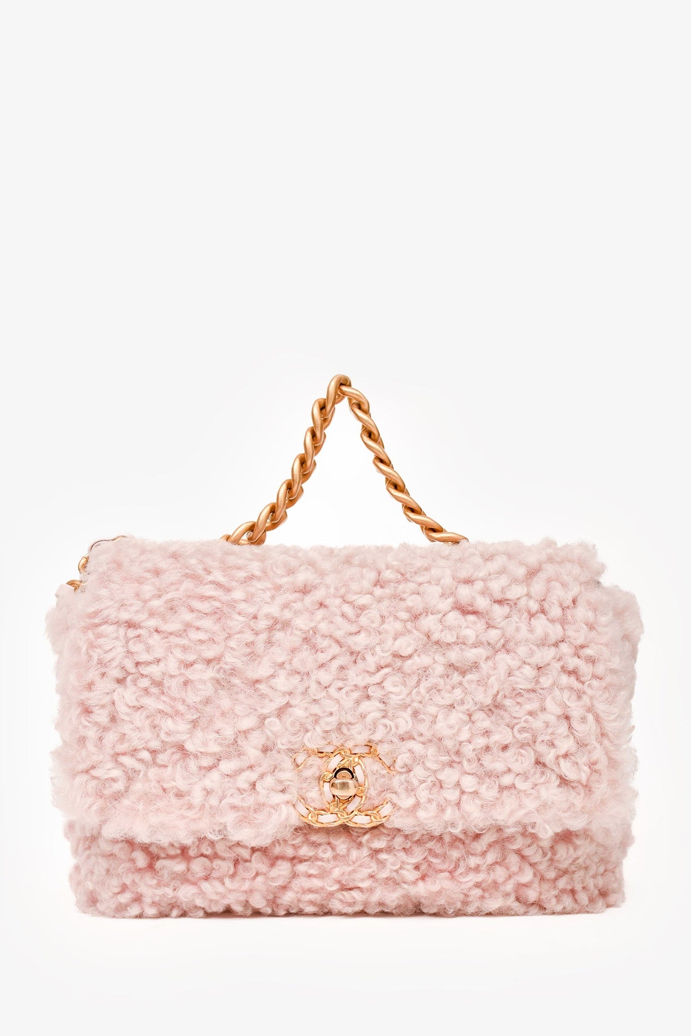 Pre-Loved Chanel™ 2021 Pink Shearling 'Chanel 19' Medium Flap Shoulder Bag