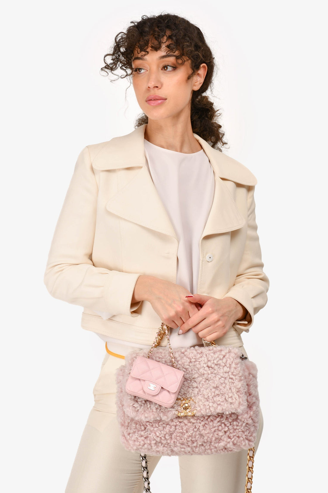 Pre-Loved Chanel™ 2021 Pink Shearling 'Chanel 19' Medium Flap Shoulder Bag