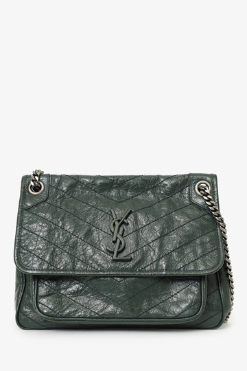 Saint Laurent Dark Green Crinkle Leather Niki Shoulder Bag