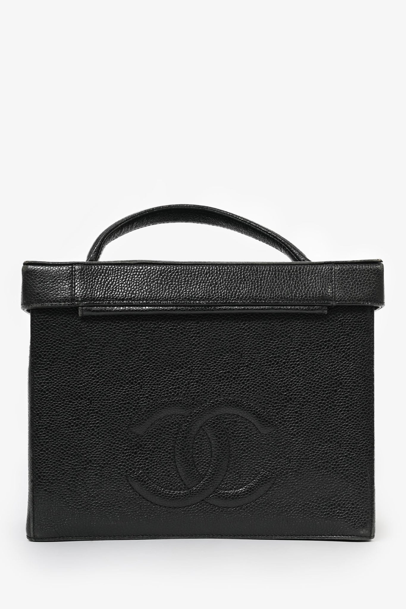 Pre-Loved Chanel™ 1991-94 Vintage Black Caviar Leather CC Box Vanity Makeup Case with Chain Strap (As Is)