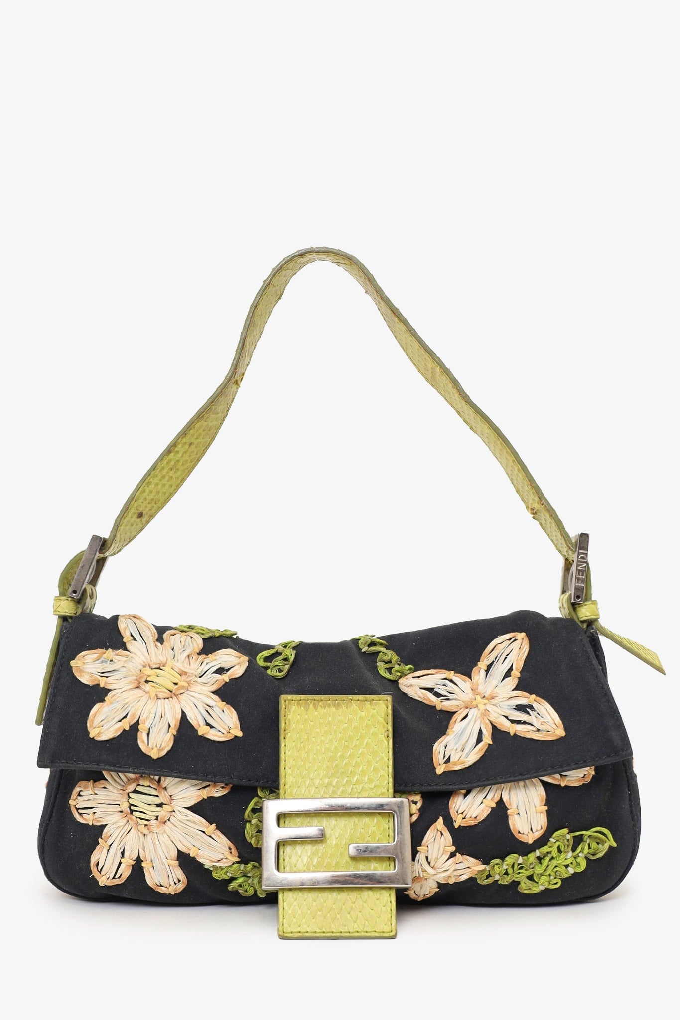 Fendi Black/Lime Green Fabric/Python Floral Embroidered Mama Baguette Shoulder Bag (As Is)