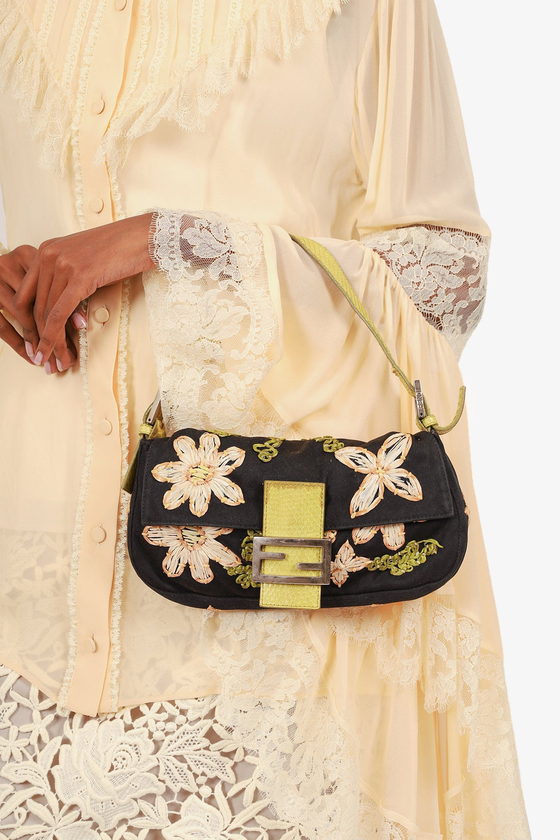 Fendi Black/Lime Green Fabric/Python Floral Embroidered Mama Baguette Shoulder Bag (As Is)