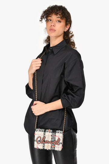 Pre-Loved Chanel™ 2019 Pink/Black/Cream Tweed Wallet On Chain